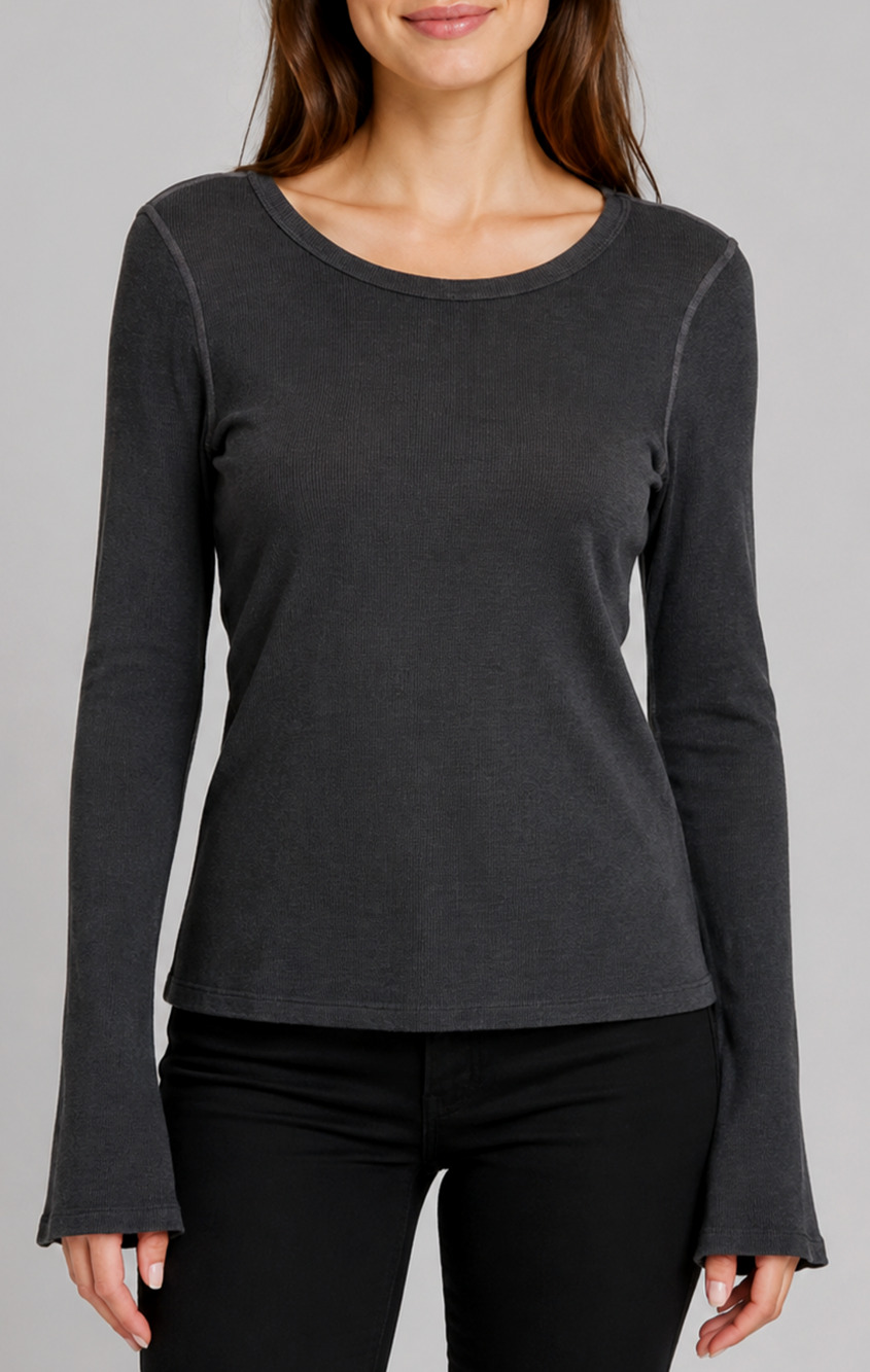 Standard James Perse Rib Jewel Neck Top Womens Large Dark Gray Long Sleeve USA